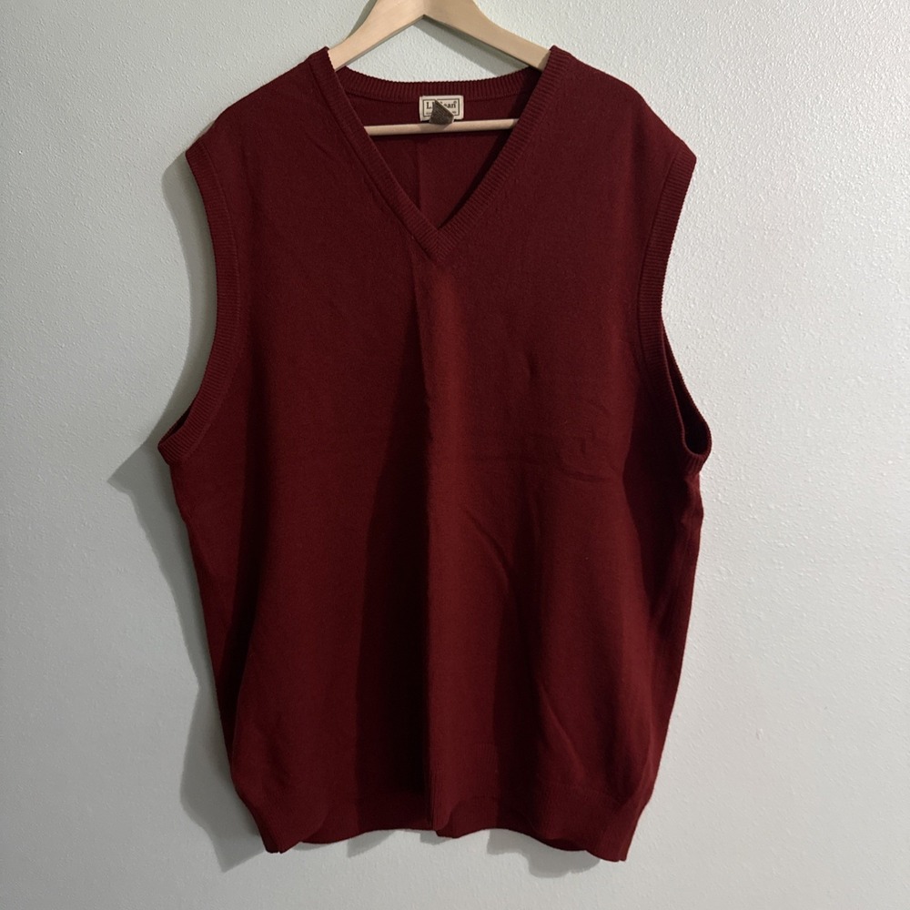 LL Bean Mens Red Sweater Vest 100% Lambs Wool XXL Tall V Neck Grandpacore